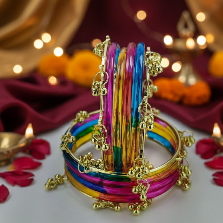 Stylish Multi-Color Ghungroo Bangles Set Gold-Toned Alloy with Latkan Design | Festive & Party Wear (Set of 12)