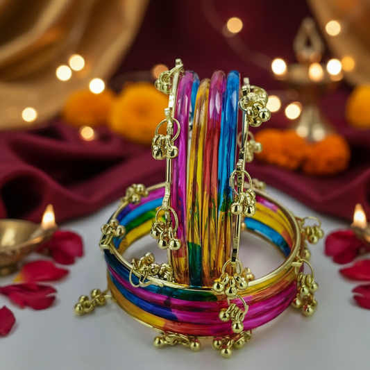 Stylish Multi-Color Ghungroo Bangles Set Gold-Toned Alloy with Latkan Design | Festive & Party Wear (Set of 12)