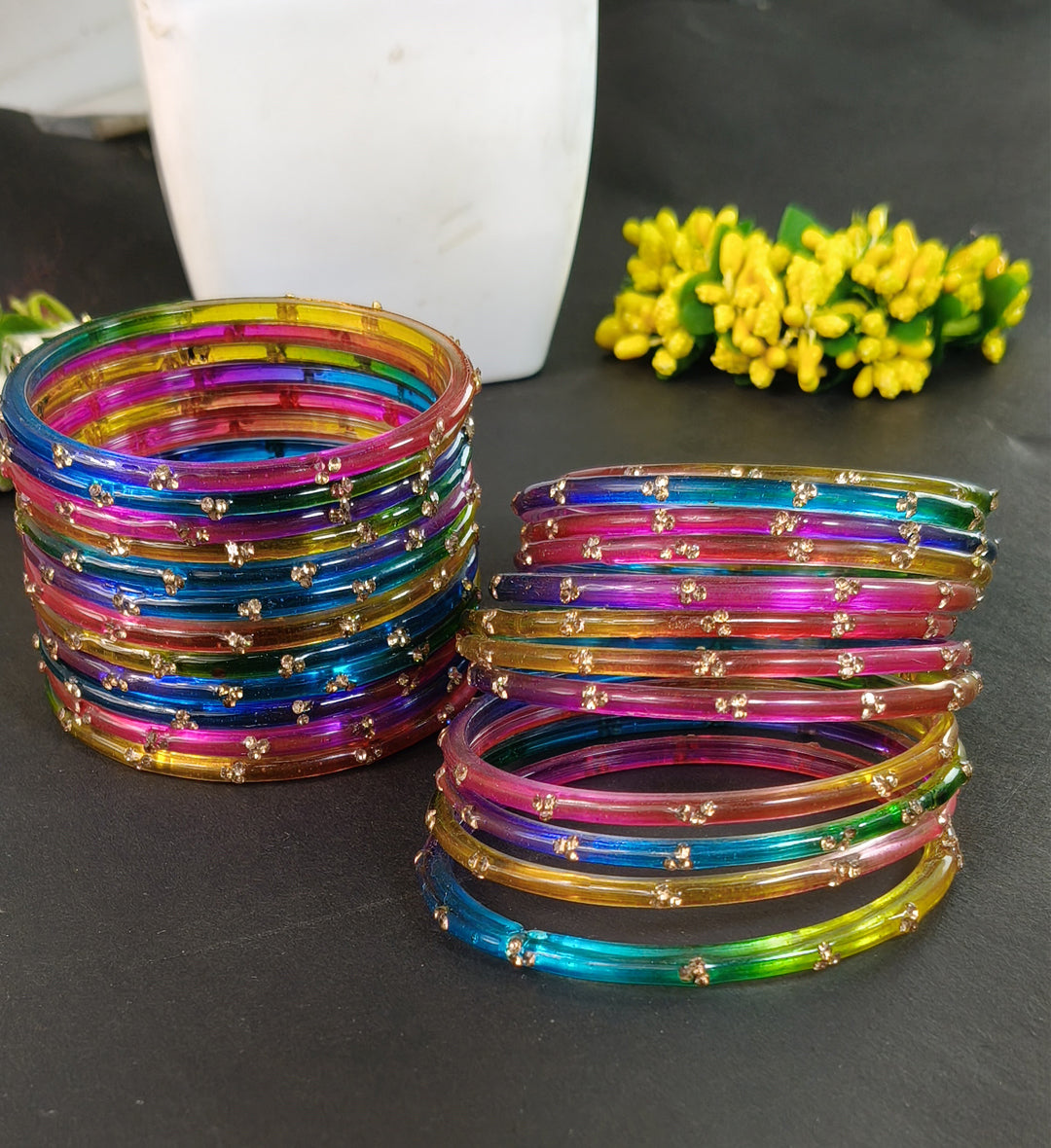 Traditional  Multi Stone Gold Bangles Set Glossy Finish with Golden Stone Work | Wear (Pack of 24)