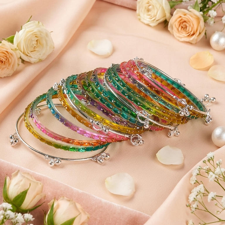 Trending Glass Bangle With Silver Ghunghroo Set For Women & Girls - Set Of 16