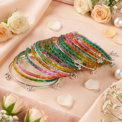 Trending Glass Bangle With Silver Ghunghroo Set For Women & Girls - Set Of 16