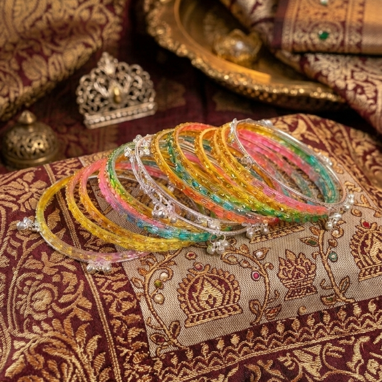 Trending Glass Bangle With Silver Ghunghroo Set For Women & Girls - Set Of 16