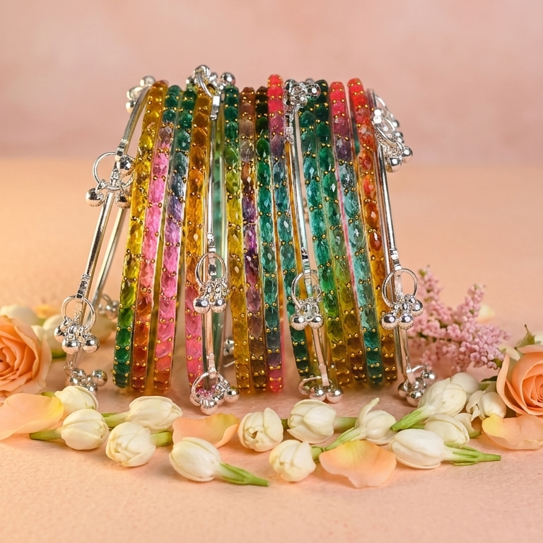 Trending Glass Bangle With Silver Ghunghroo Set For Women & Girls - Set Of 16