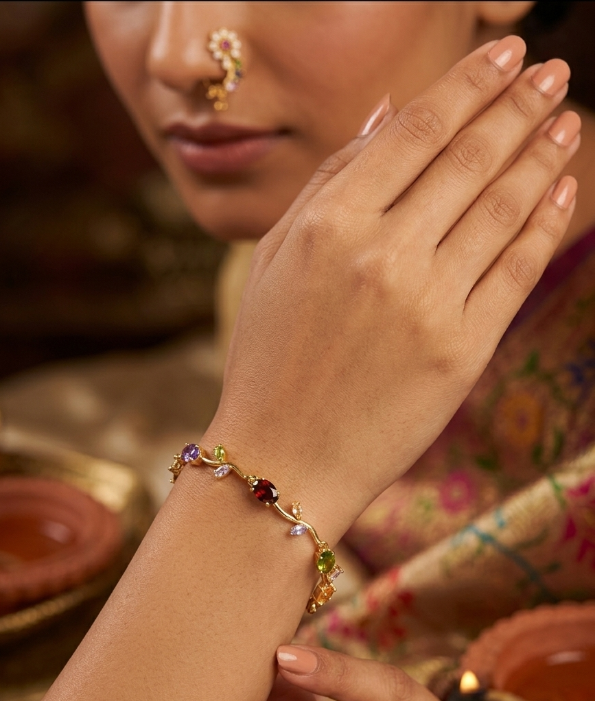 Elegant Gold-Toned Bracelet with Multi Stone & Zircon Stylish Designer Chain Bracelet for Daily & Party Wear