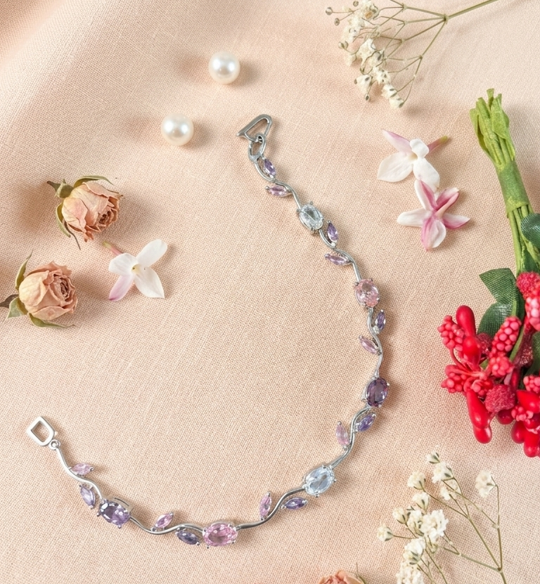 Trendy Tulip Pink & Purple Crystal Bracelet  Floral Design Silver Plated Bracelet