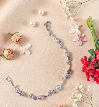 Trendy Tulip Pink & Purple Crystal Bracelet  Floral Design Silver Plated Bracelet