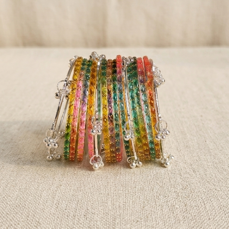 Trending Glass Bangle With Silver Ghunghroo Set For Women & Girls - Set Of 16