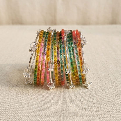 Trending Glass Bangle With Silver Ghunghroo Set For Women & Girls - Set Of 16