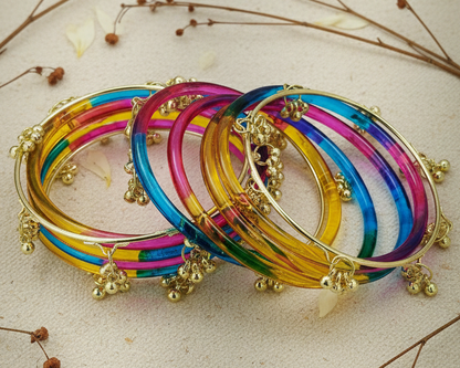 Stylish Multi-Color Ghungroo Bangles Set Gold-Toned Alloy with Latkan Design | Festive & Party Wear (Set of 12)