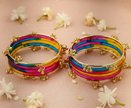 Stylish Multi-Color Ghungroo Bangles Set Gold-Toned Alloy with Latkan Design | Festive & Party Wear (Set of 12)