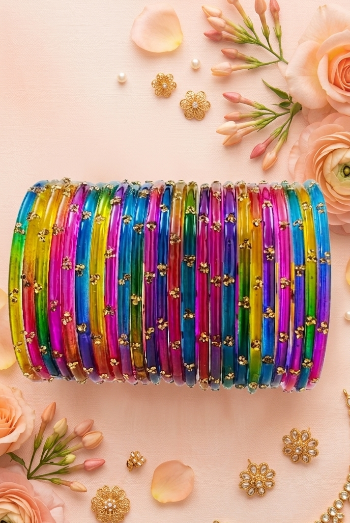 Traditional  Multi Stone Gold Bangles Set Glossy Finish with Golden Stone Work | Wear (Pack of 24)