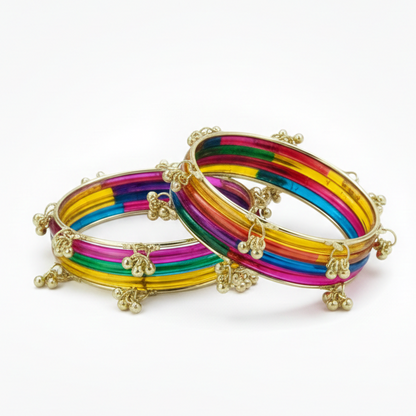 Stylish Multi-Color Ghungroo Bangles Set Gold-Toned Alloy with Latkan Design | Festive & Party Wear (Set of 12)