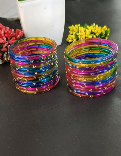 Traditional  Multi Stone Gold Bangles Set Glossy Finish with Golden Stone Work | Wear (Pack of 24)