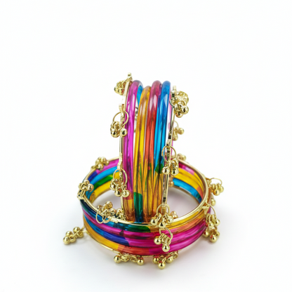 Stylish Multi-Color Ghungroo Bangles Set Gold-Toned Alloy with Latkan Design | Festive & Party Wear (Set of 12)