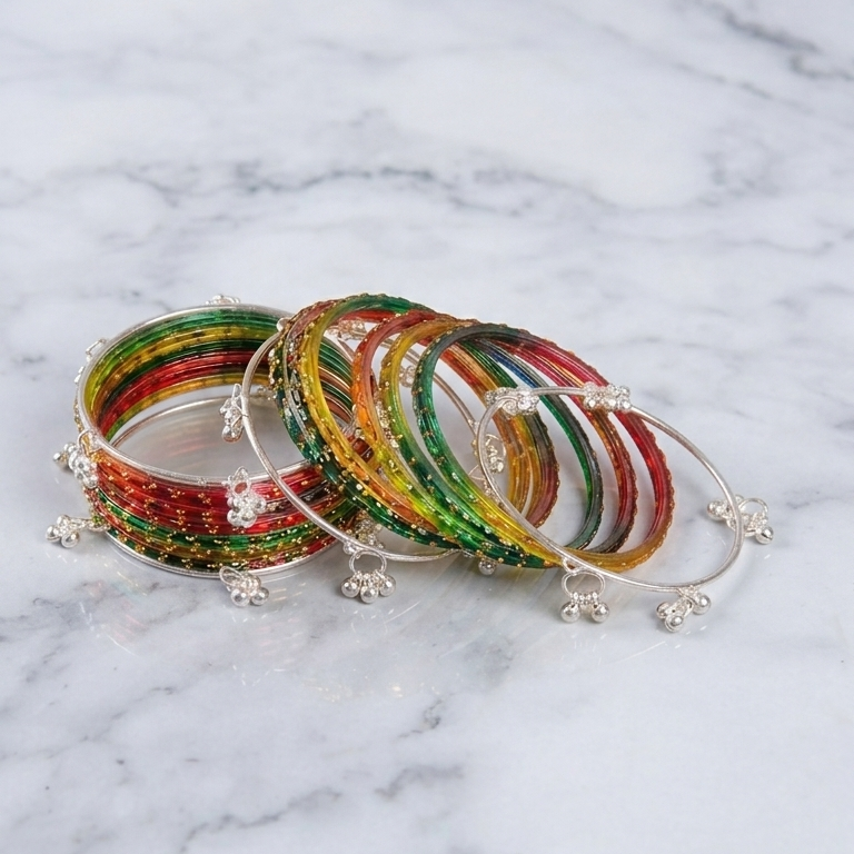 Trending Glass Bangle With Silver Ghunghroo Set For Women & Girls - Set Of 16