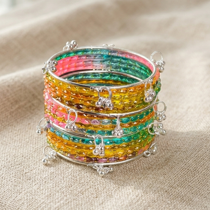 Trending Glass Bangle With Silver Ghunghroo Set For Women & Girls - Set Of 16