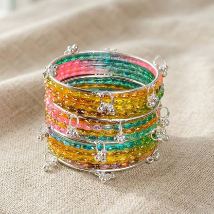 Trending Glass Bangle With Silver Ghunghroo Set For Women & Girls - Set Of 16
