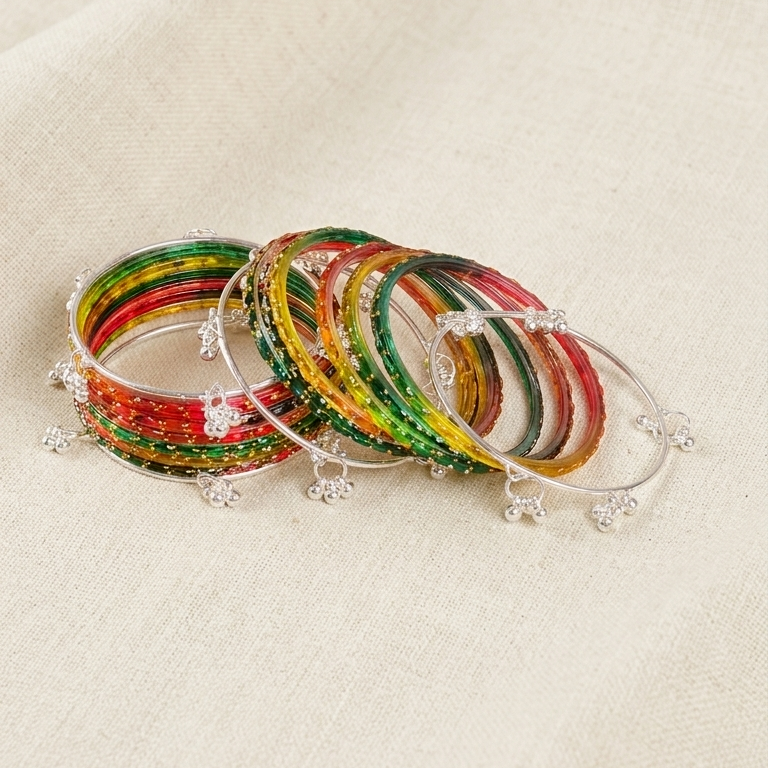 Trending Glass Bangle With Silver Ghunghroo Set For Women & Girls - Set Of 16