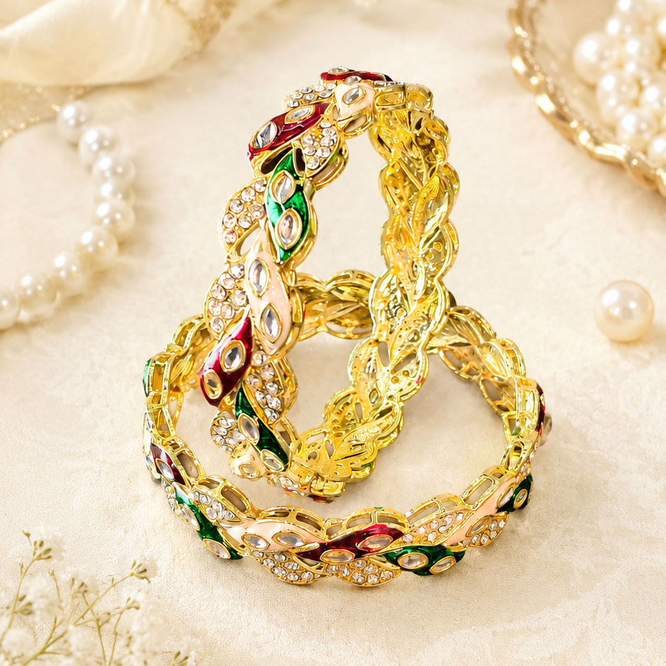 Gold Plated Multicolor Kada Set With Leaf Design - Set Of 2