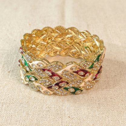 Gold Plated Multicolor Kada Set With Leaf Design - Set Of 2