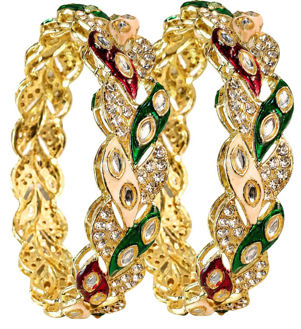 Gold Plated Multicolor Kada Set With Leaf Design - Set Of 2