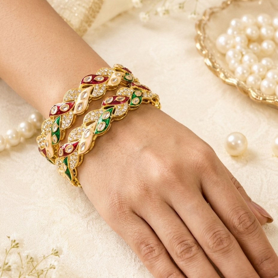 Gold Plated Multicolor Kada Set With Leaf Design - Set Of 2