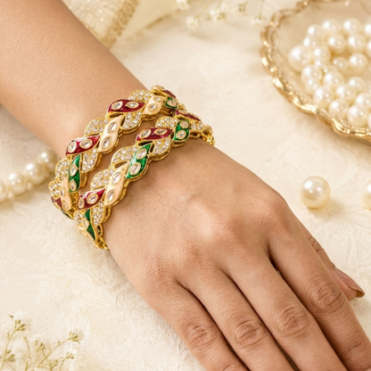 Gold Plated Multicolor Kada Set With Leaf Design - Set Of 2
