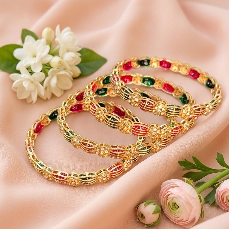 Trendy Gold Plated Zircon Meenakari Bangles for Women - Set Of 2