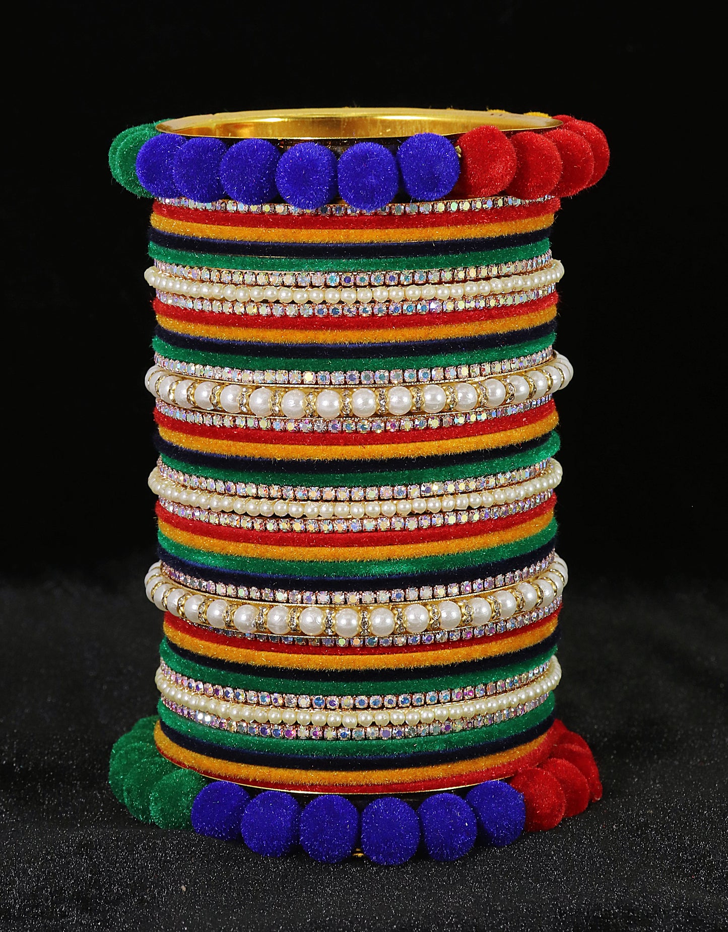 Multicolor Velvet Bridal Chuda – With Zircon & Bead Detailing