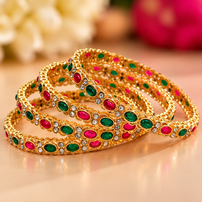 Gold Plated Traditional Bangles Set with Multicolor Red and Green Stone Work - Set Of 4