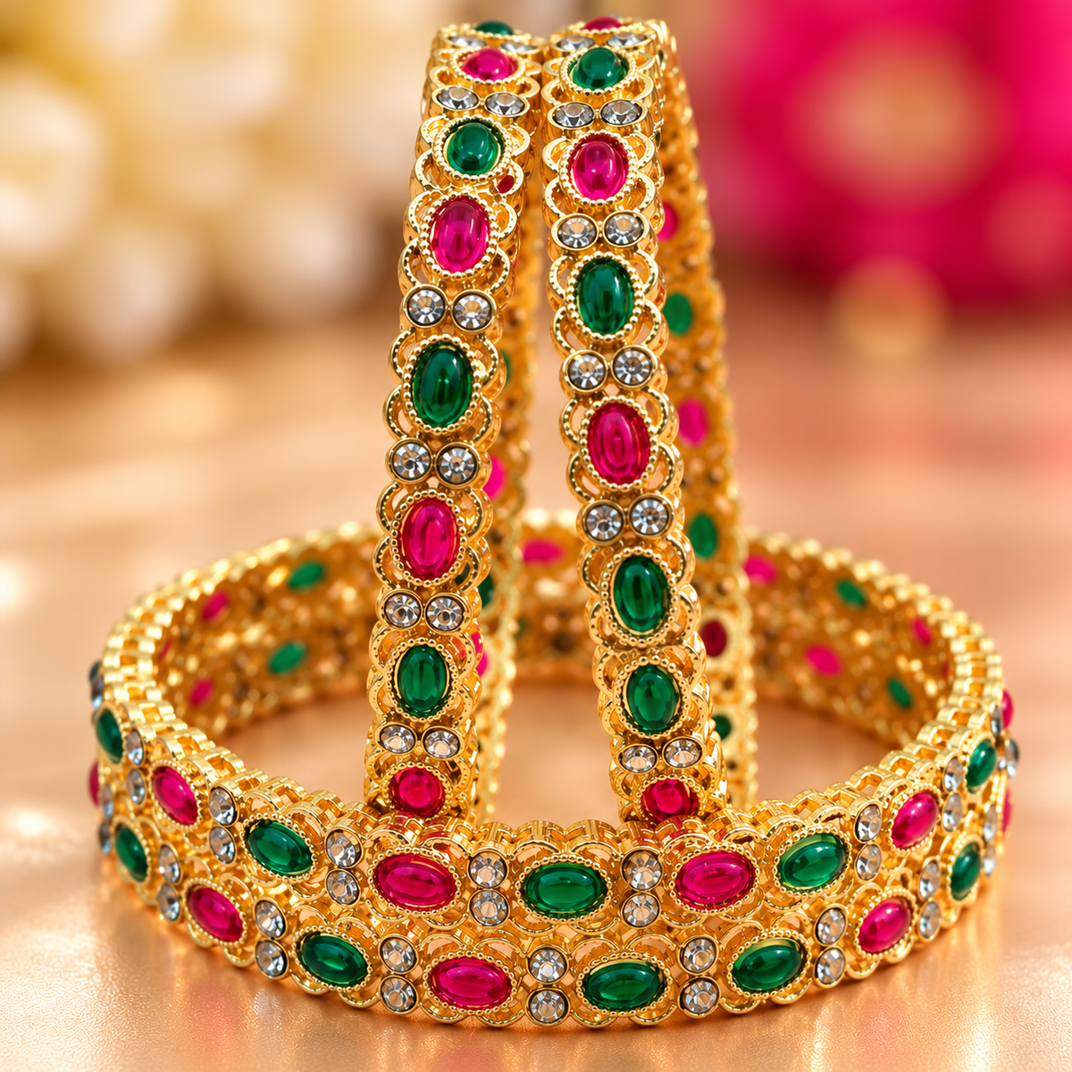 Gold Plated Traditional Bangles Set with Multicolor Red and Green Stone Work - Set Of 4