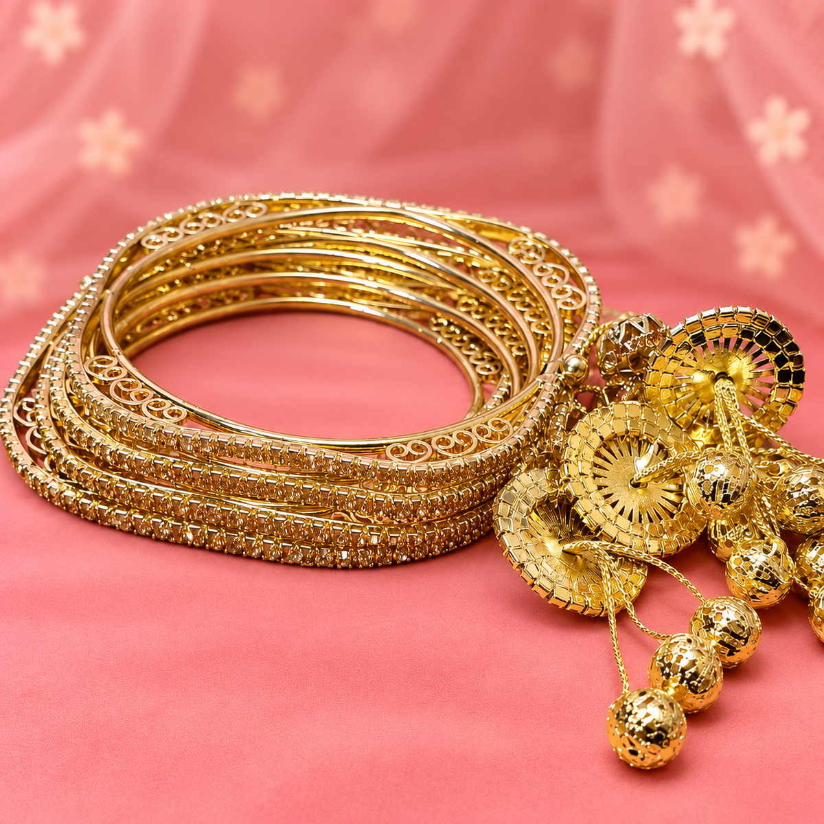 Designer Gold Plated Stone Studded with Latkan Charms Bangle Set - Set Of 4