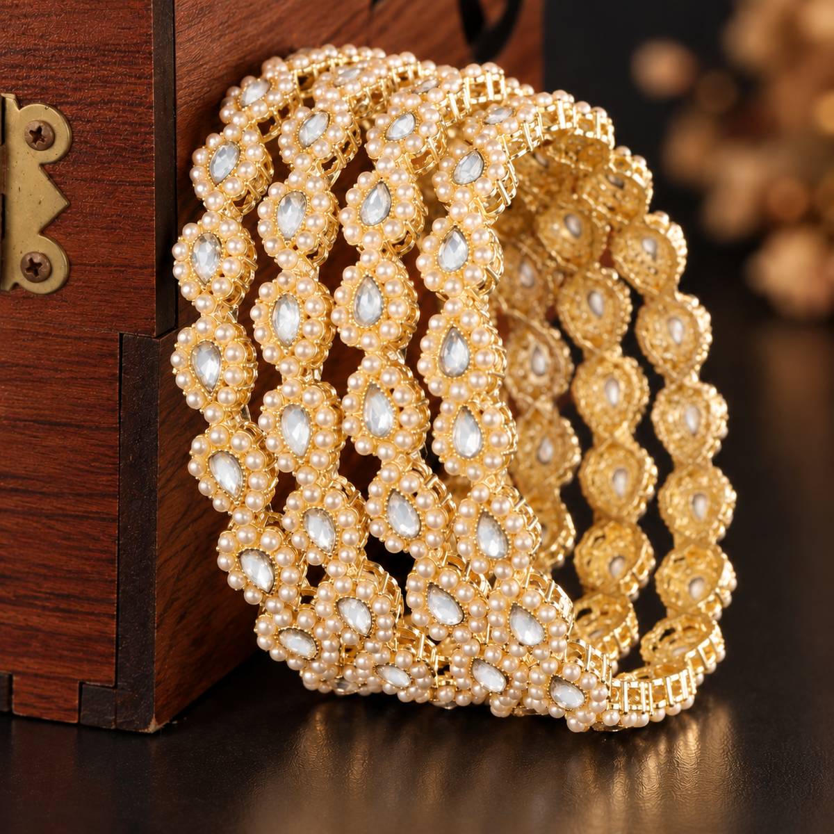 GoldSilver Plated Pearl and Crystal Stone Studded Bridal Bangles Set - Set Of 4