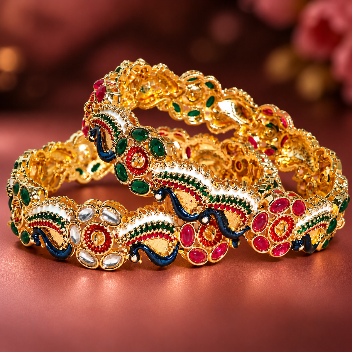 Traditional Gold-Plated Meenakari Kada Bangles with Multicolor Stonework - Set Of 2