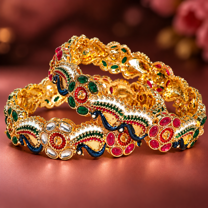 Traditional Gold-Plated Meenakari Kada Bangles with Multicolor Stonework - Set Of 2