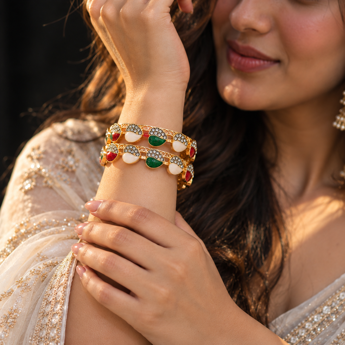 Designer Gold Tone Multicolor Meenakari Stone Bangel Set - Set Of 2