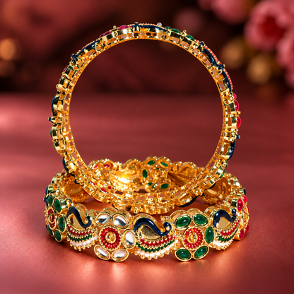 Traditional Gold-Plated Meenakari Kada Bangles with Multicolor Stonework - Set Of 2