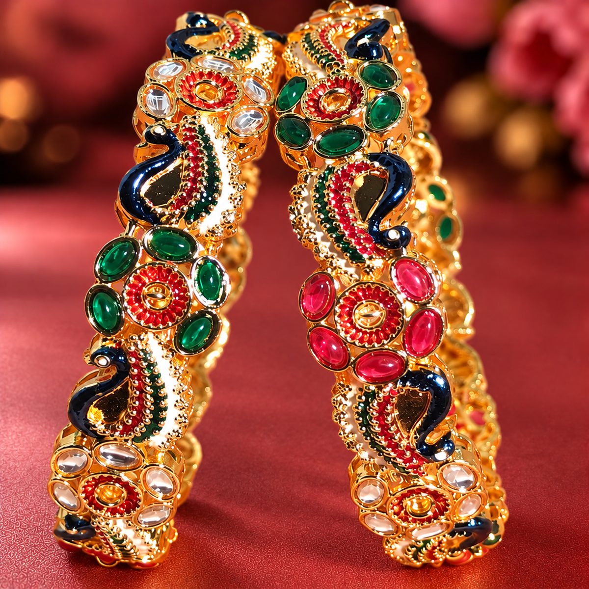 Traditional Gold-Plated Meenakari Kada Bangles with Multicolor Stonework - Set Of 2