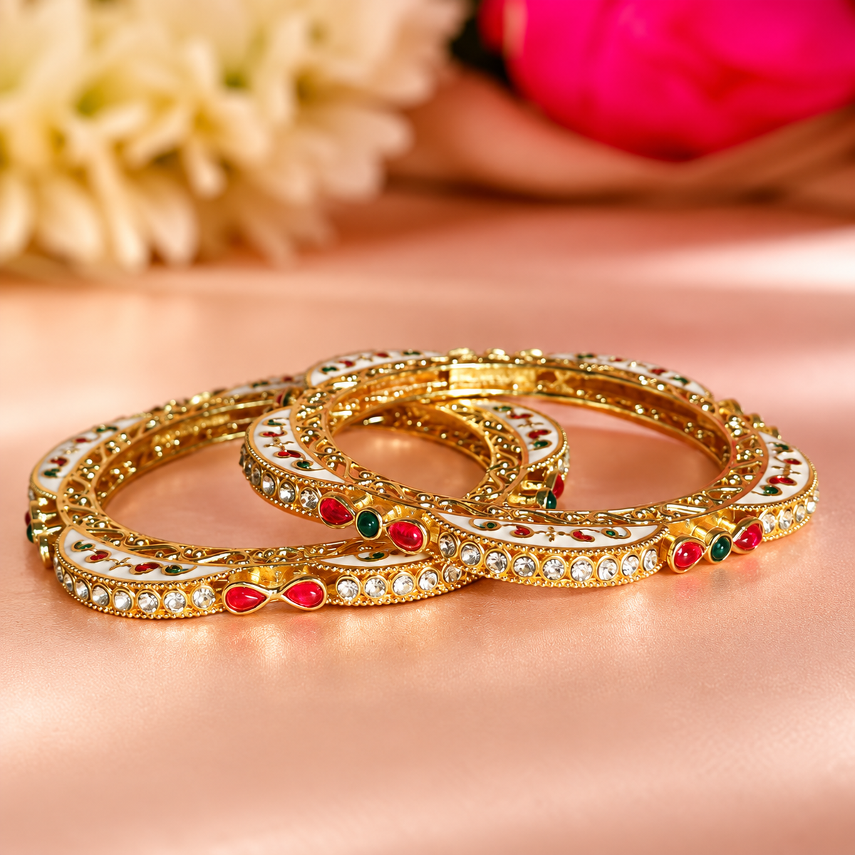 Gold-Multi Bridal Bangles with Red, Green & White Stone Bangle Set - Set Of 2