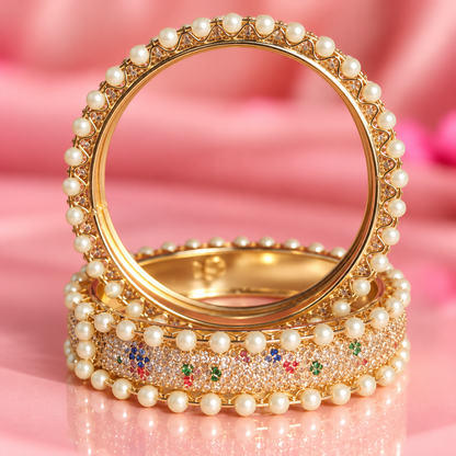 Pearl-Embellished GoldMulti Designer Bangles Set With Stylish Pearls - Set Of 2
