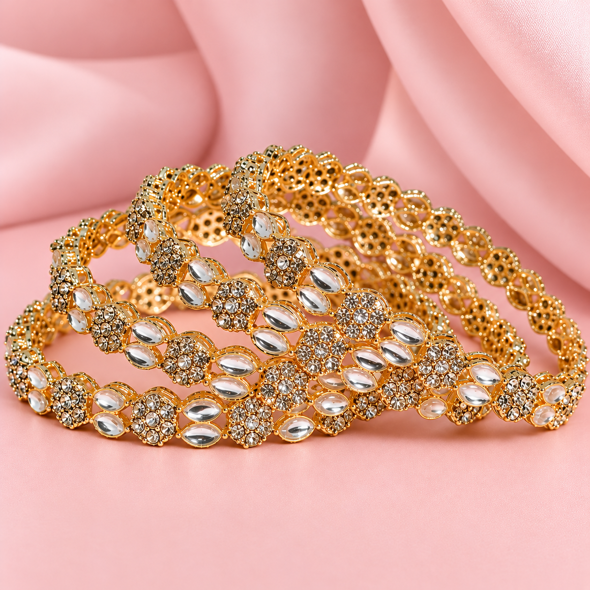 Gold Plated & Crystal Stone Studded Designer Bangles Set - Set Of 4