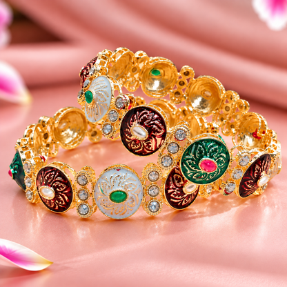 Premium Gold Plated Designer Kada Bangles Set with Multicolor Design - Set Of 2