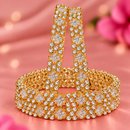Elegant Golden Floral Bangles with Sparkling Crystal & Pearl Detailing - Set Of 4
