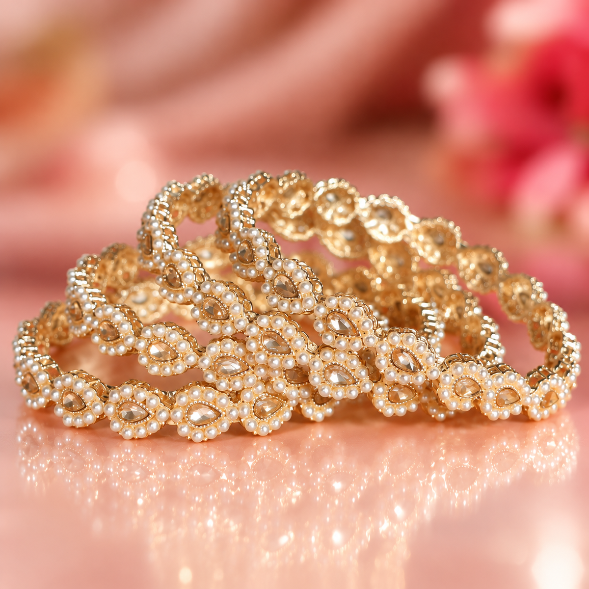 Gold Plated Pearl and Crystal Stone Studded Bridal Bangles Set - Set Of 4