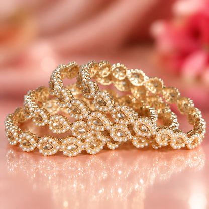 Gold Plated Pearl and Crystal Stone Studded Bridal Bangles Set - Set Of 4