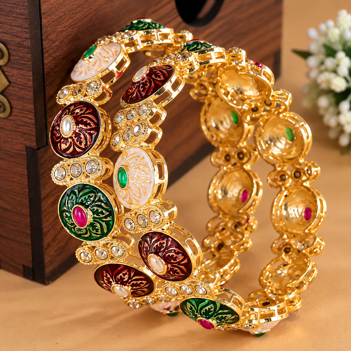 Premium Gold Plated Designer Kada Bangles Set with Multicolor Design - Set Of 2