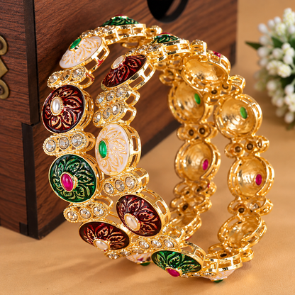 Premium Gold Plated Designer Kada Bangles Set with Multicolor Design - Set Of 2
