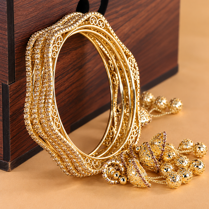 Gold Plated Designer Bangles Set with Sparkling Stone Work - Set Of 4