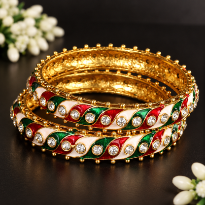 Gold Plated, Red-Green Design & White Stone Studded Bangles Set - Set Of 2