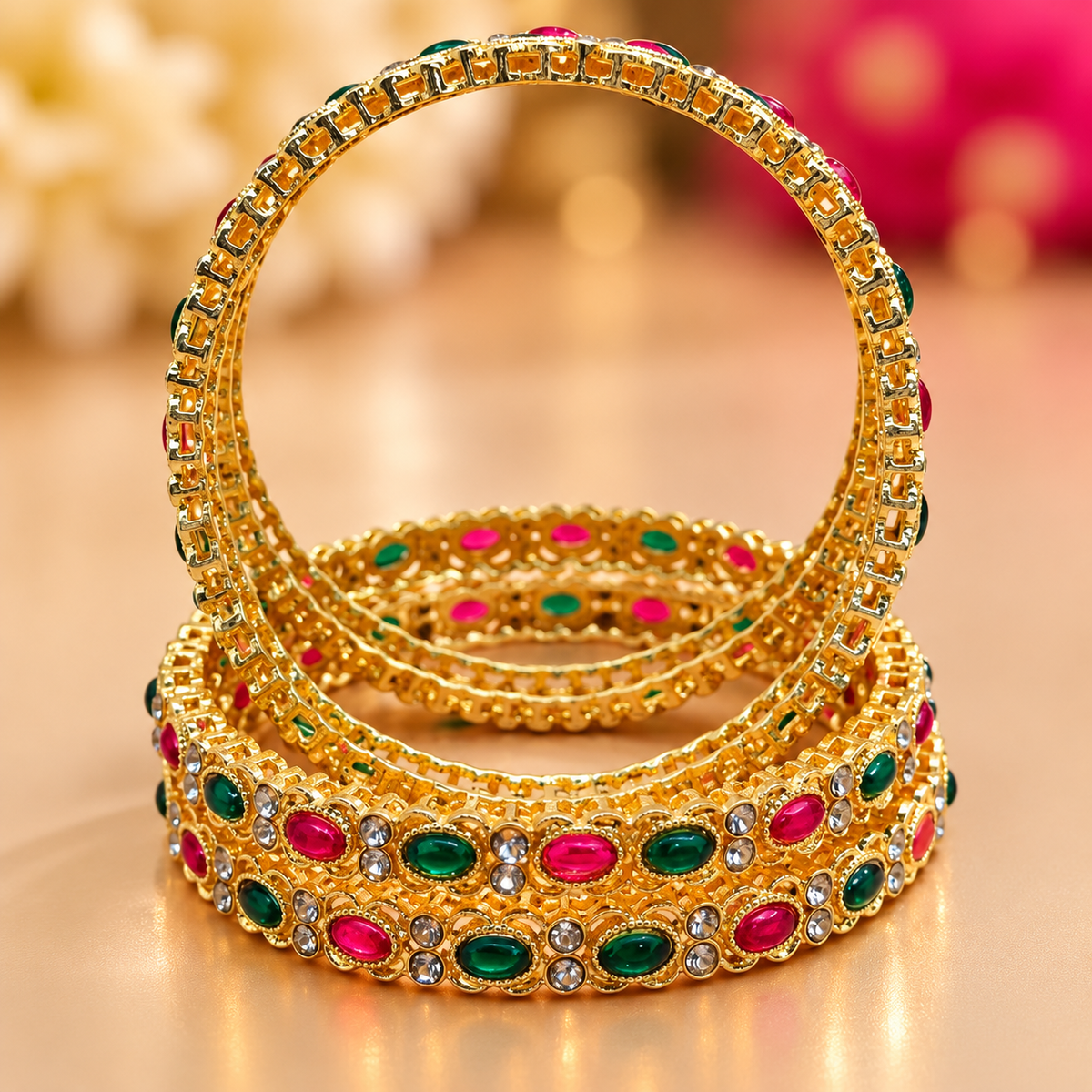 Gold Plated Traditional Bangles Set with Multicolor Red and Green Stone Work - Set Of 4